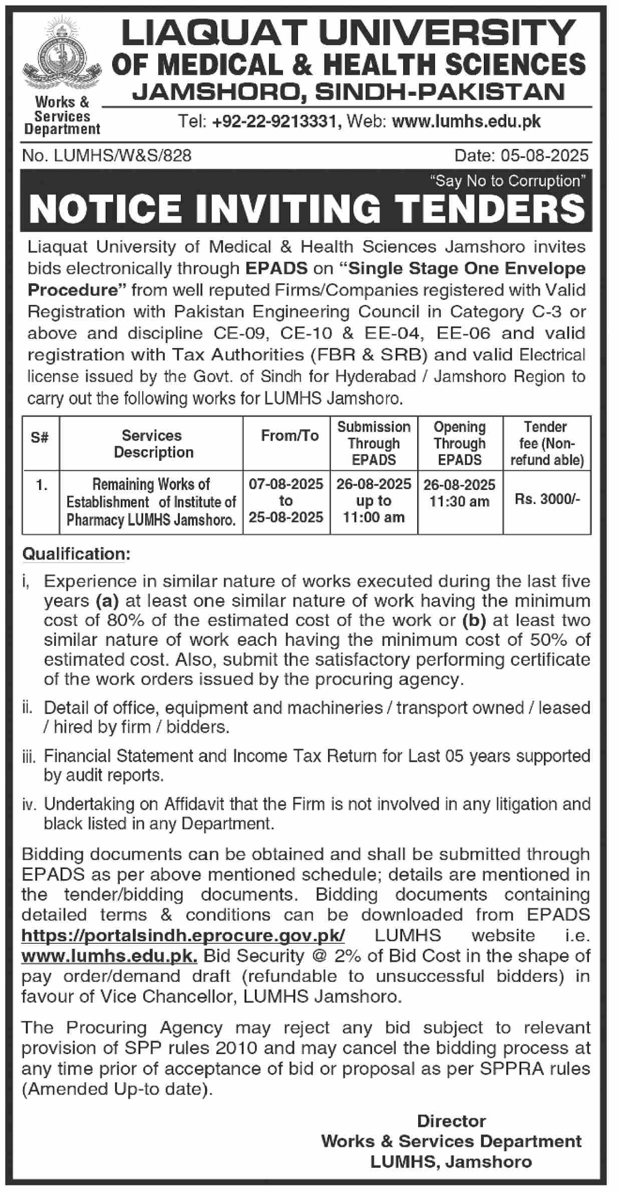 Liaqat University of Medical & Health Sciences Jamshoro Tender Notice